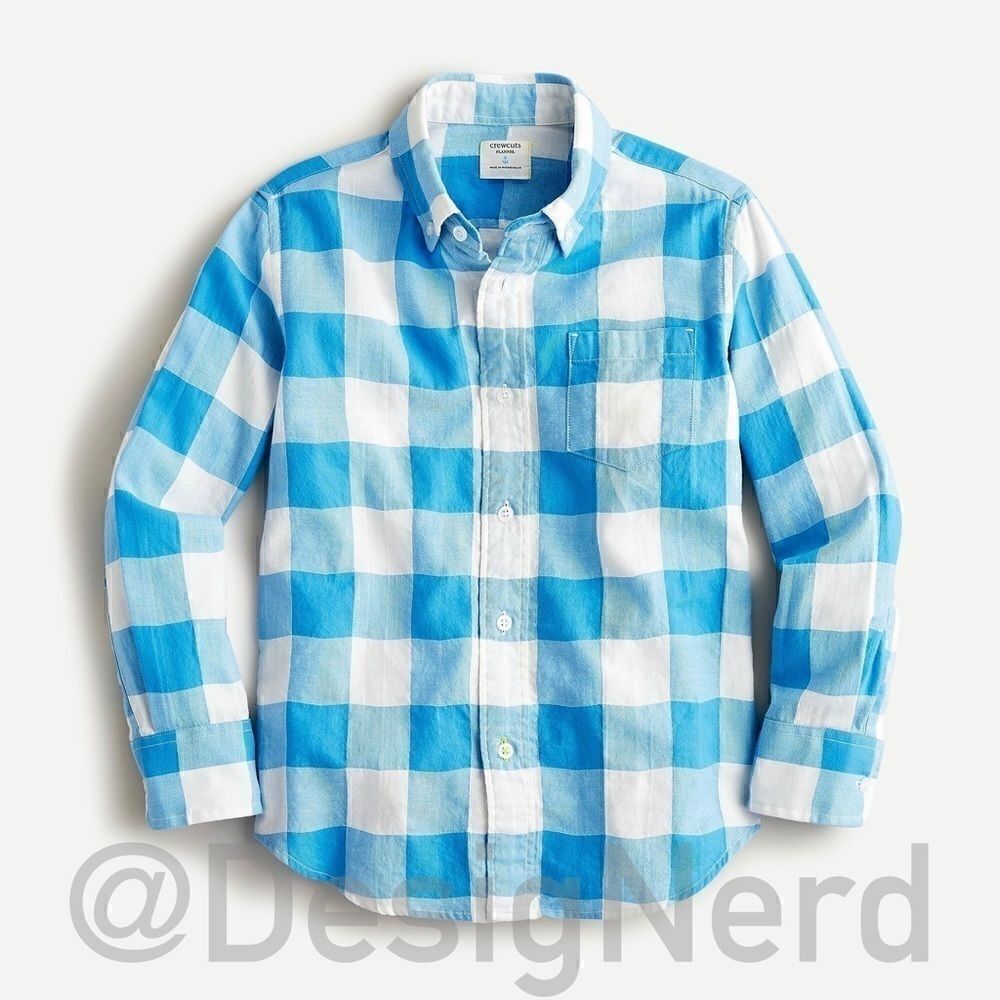 J.CREW BOY’S CRINKLE COTTON BUTTON DOWN SHIRT BIG BLUE GINGHAM LONG SLEEVED